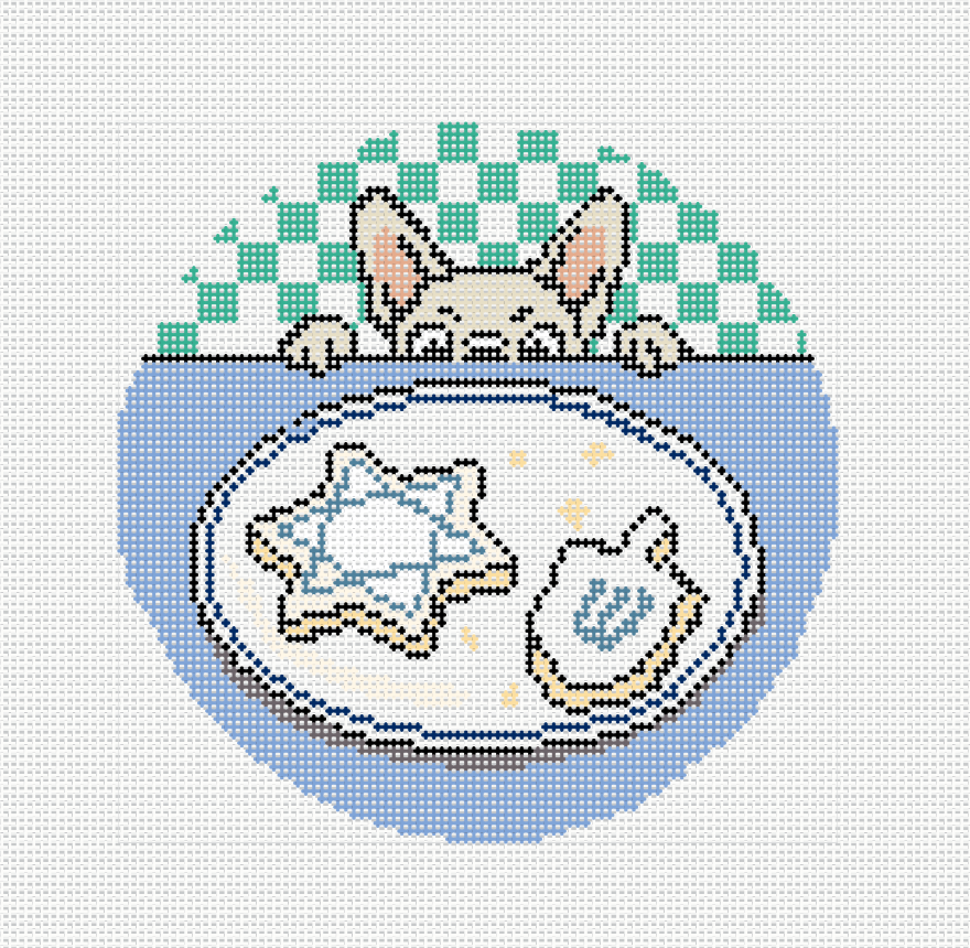 Frenchie Wants A Hanukkah Cookie needlepoint canvas render - French Bulldog peeking over a plate of Hanukkah cookies on canvas