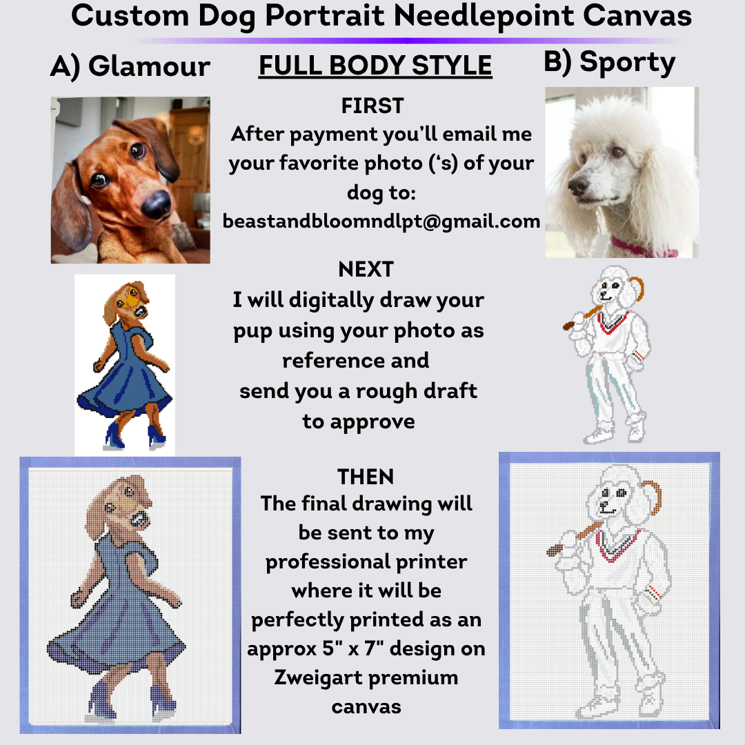 Custom Dog Character Portrait Needlepoint Canvas