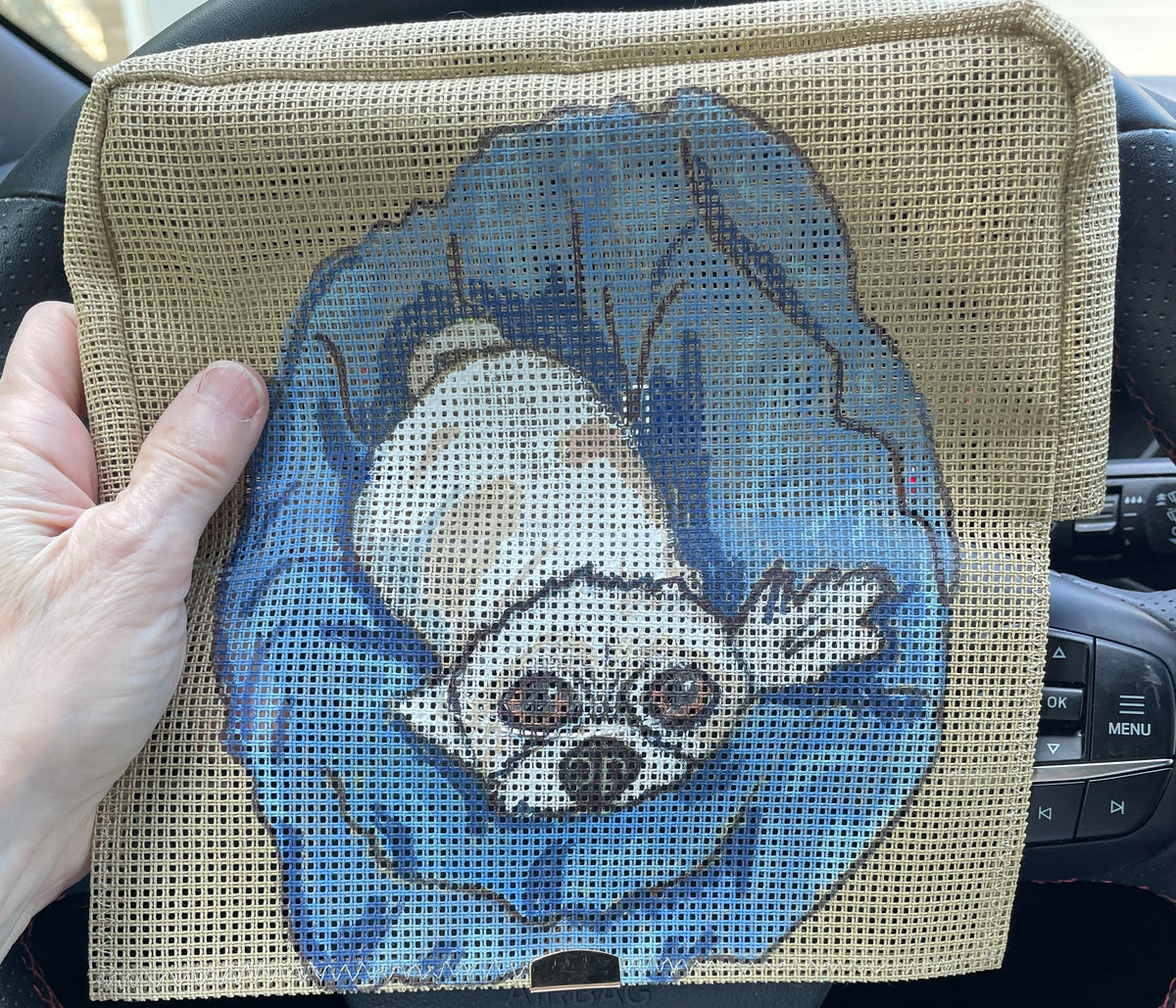 Custom Dog Portrait — Hand-Painted on Your Self Finishing Needlepoint Bag