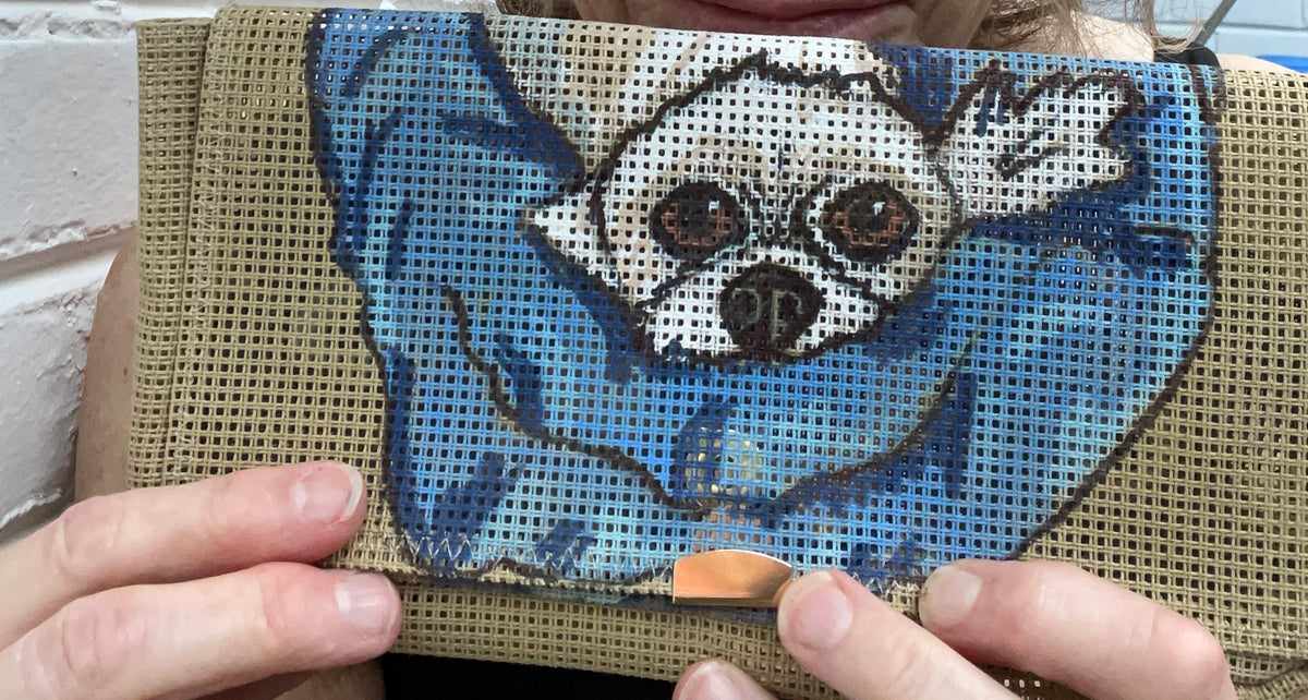 Custom Dog Portrait — Hand-Painted on Your Self Finishing Needlepoint Bag