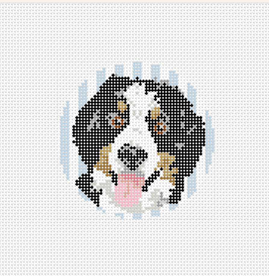 The Bernese Mountain Dog needlepoint canvas — 4" round portrait, 13 mesh, 8x8 canvas