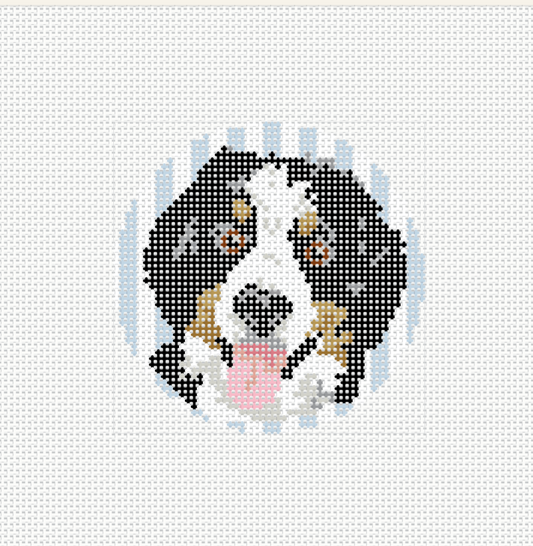 The Bernese Mountain Dog needlepoint canvas — 4" round portrait, 13 mesh, 8x8 canvas