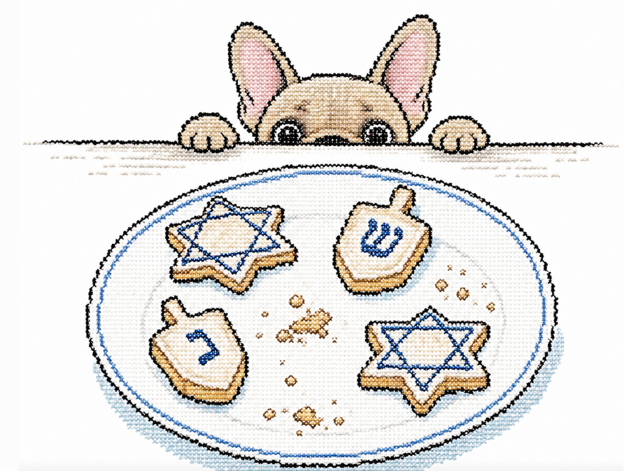 Frenchie Wants A Hanukkah Cookie needlepoint canvas - French Bulldog peeking over a plate of Hanukkah cookies