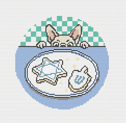 Frenchie Wants A Hanukkah Cookie needlepoint canvas render - French Bulldog peeking over a plate of Hanukkah cookies on canvas