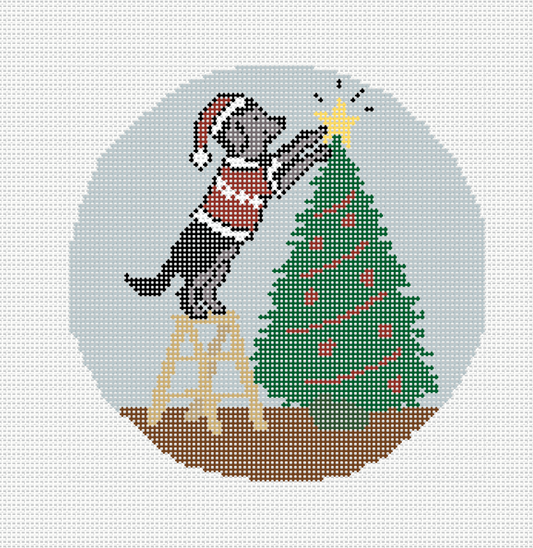 Black Labrador Topping The Tree needlepoint canvas - black lab in Santa hat on a ladder placing a star on a Christmas tree