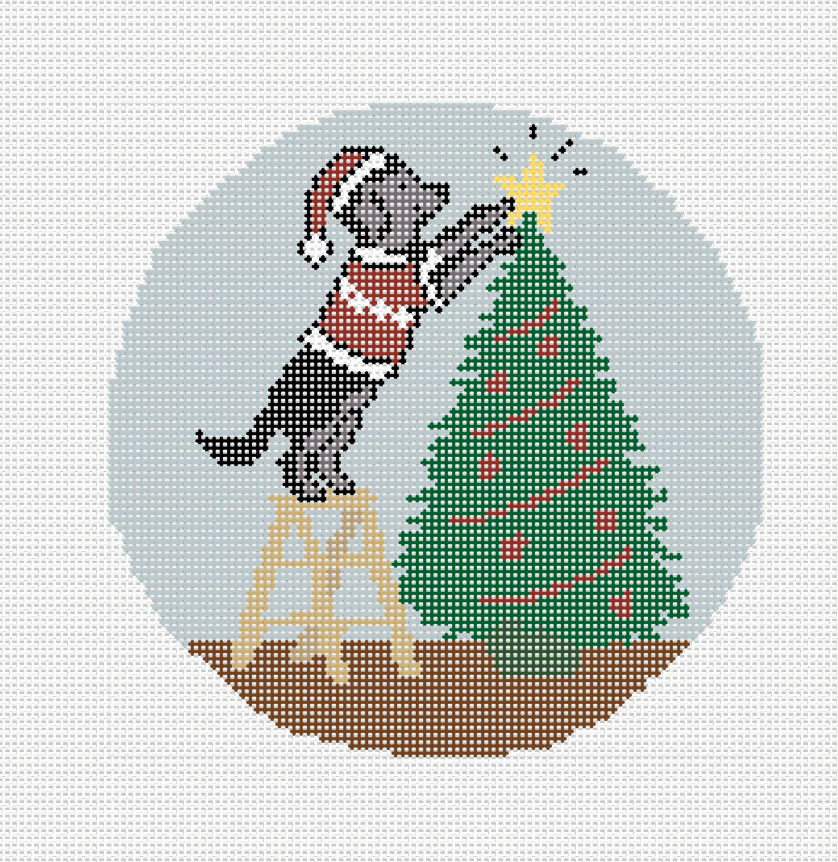 Black Labrador Topping The Tree needlepoint canvas - black lab in Santa hat on a ladder placing a star on a Christmas tree