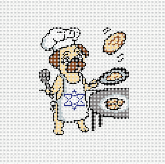 Pug Flipping Latkes needlepoint canvas - pug in chef hat and Star of David apron flipping latkes