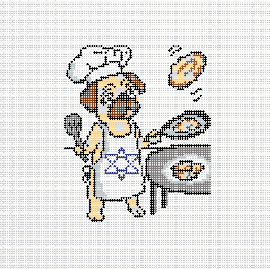 Pug Flipping Latkes needlepoint canvas - pug in chef hat and Star of David apron flipping latkes