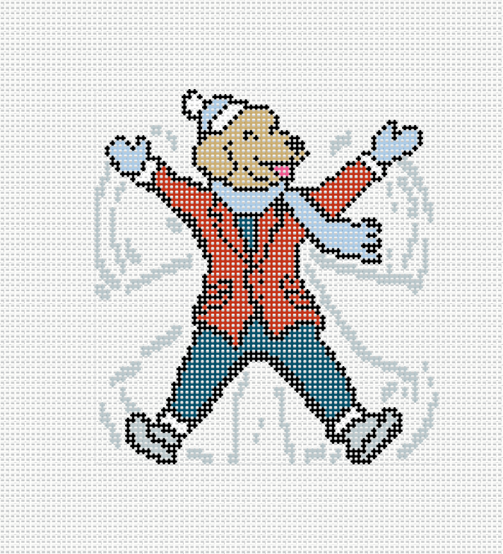 Golden Retriever Snow Angel needlepoint canvas — 4" round design, 13 mesh, 8x8 canvas