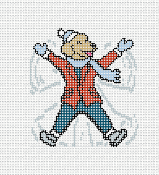 Golden Retriever Snow Angel needlepoint canvas — 4" round design, 13 mesh, 8x8 canvas